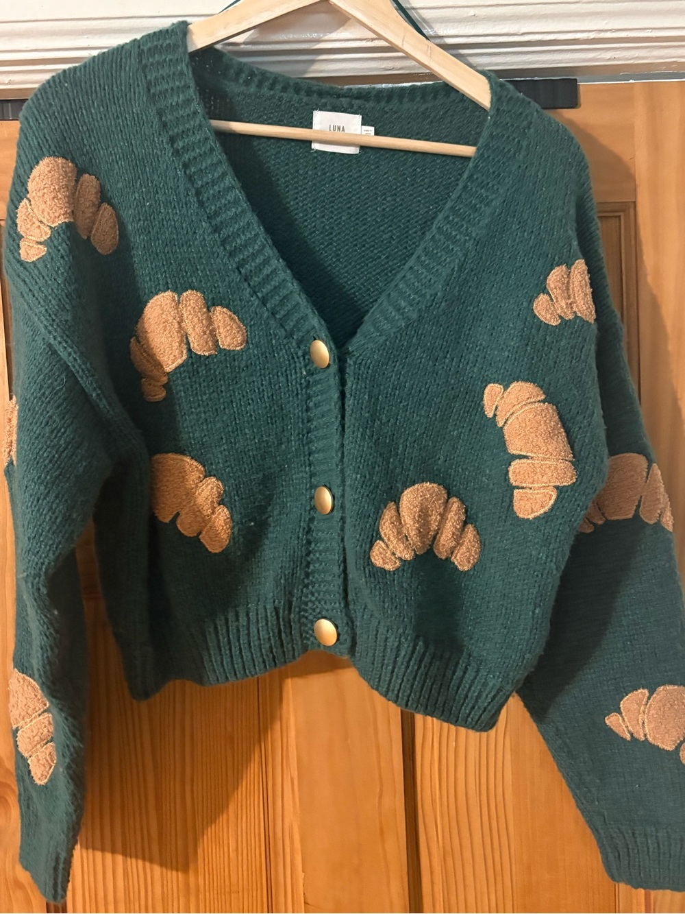 EUC Luna Ivy Dark Green Croissant Motif V-Neck Cardigan